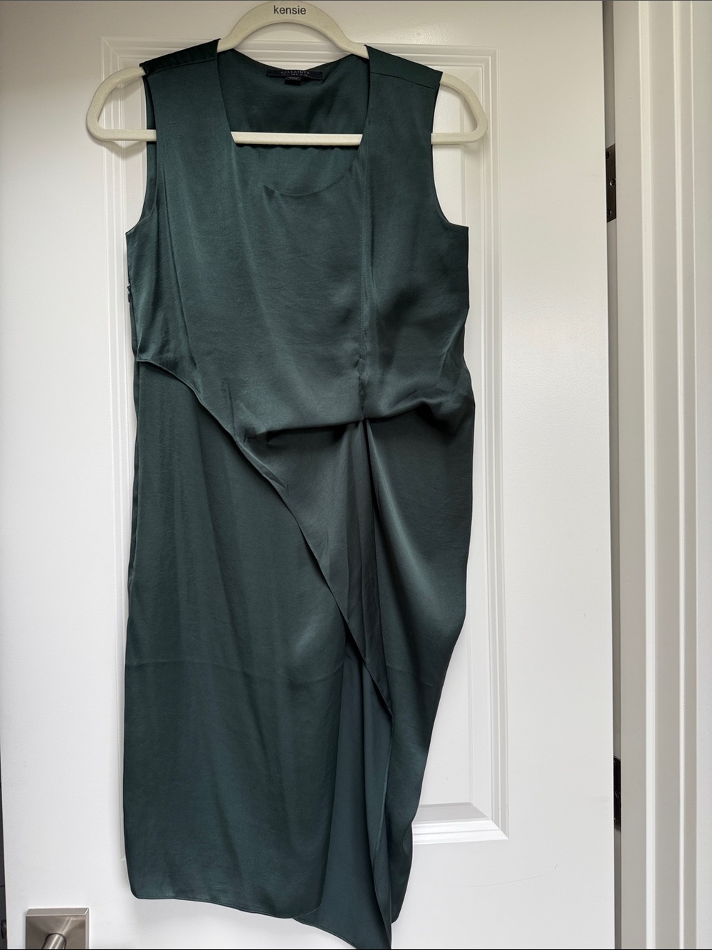AllSaints Dark Green Asymmetrical Draped Midi Dress